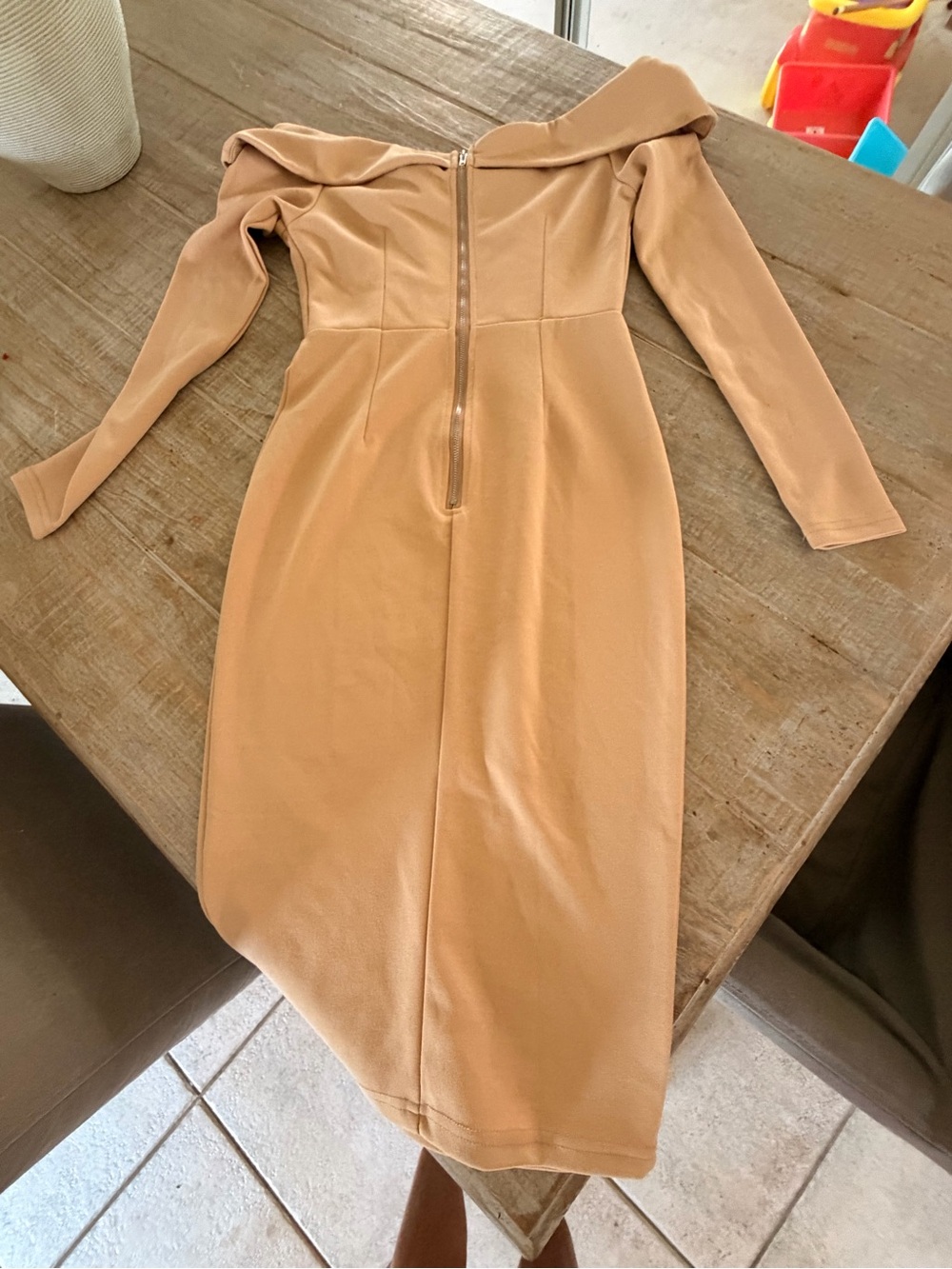 Off-Shoulder Tan Sheath Dress with Decorative Buttons - Picture 4 of 6